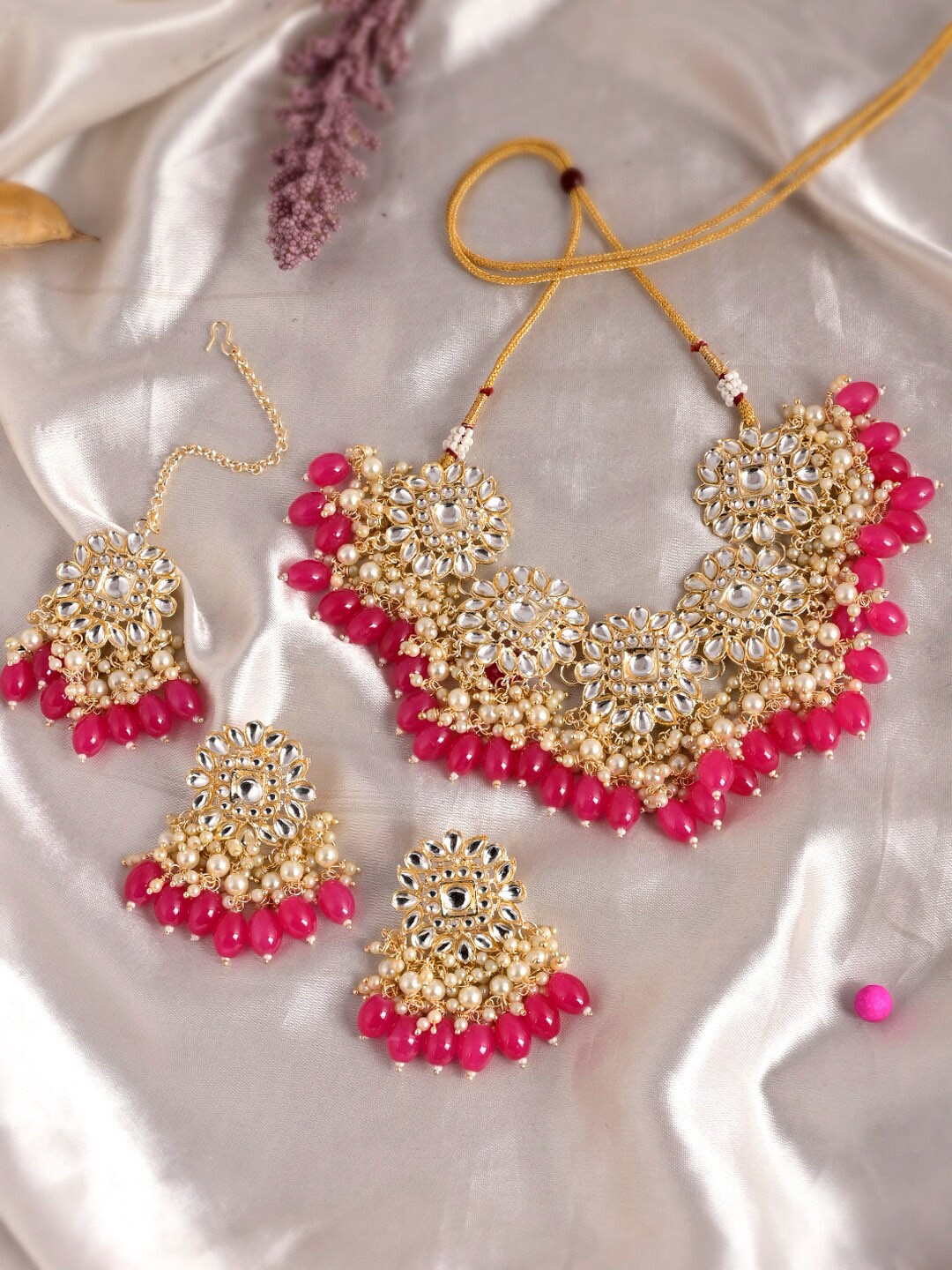 

Shoshaa Gold-Plated & Pink Kundan-Studded Pearl Beaded Jewellery Set