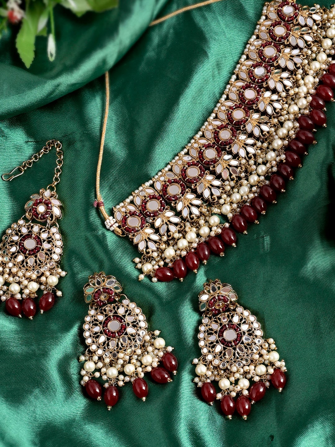 

Shoshaa Gold-Plated Maroon Stone-Studded Jewellery Set