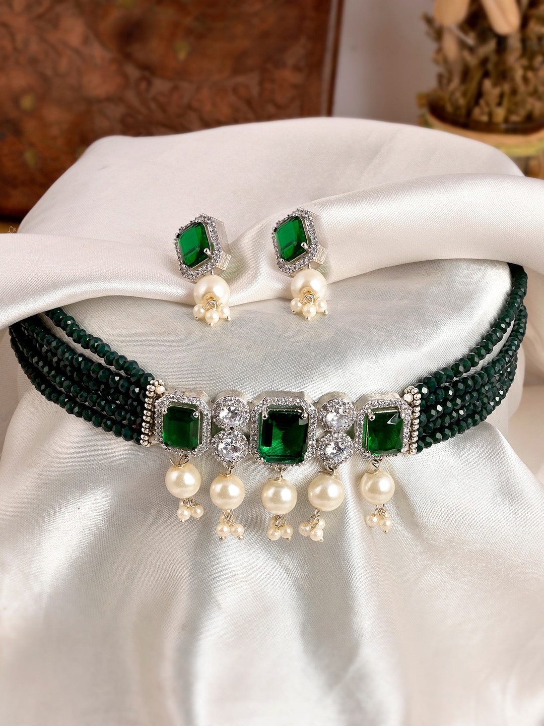 

Shoshaa Silver-Plated Green & White CZ Studded & Beaded Jewellery Set