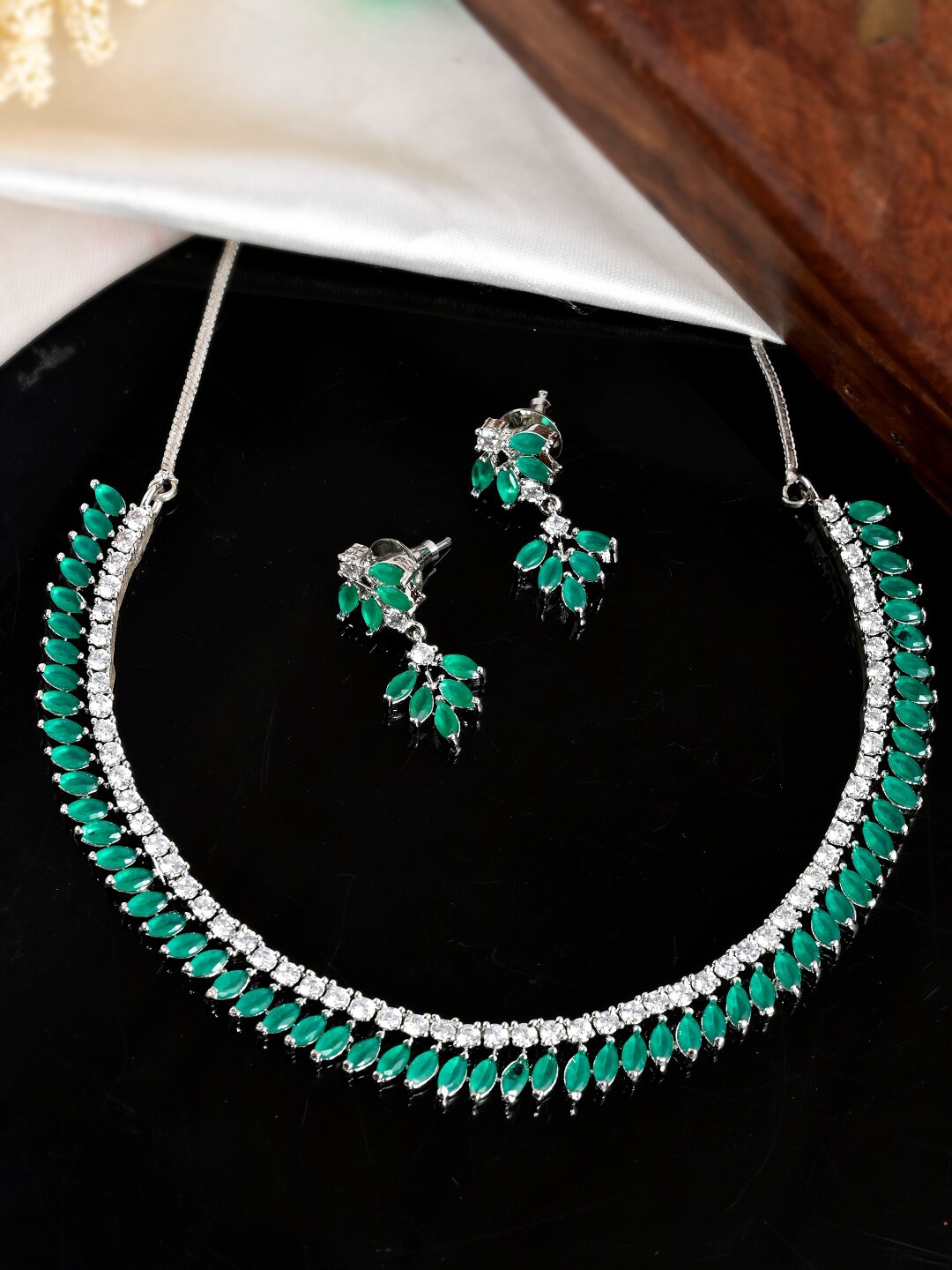 

Shoshaa Silver-Plated Green & White Cubic Zirconia Studded Jewellery Set