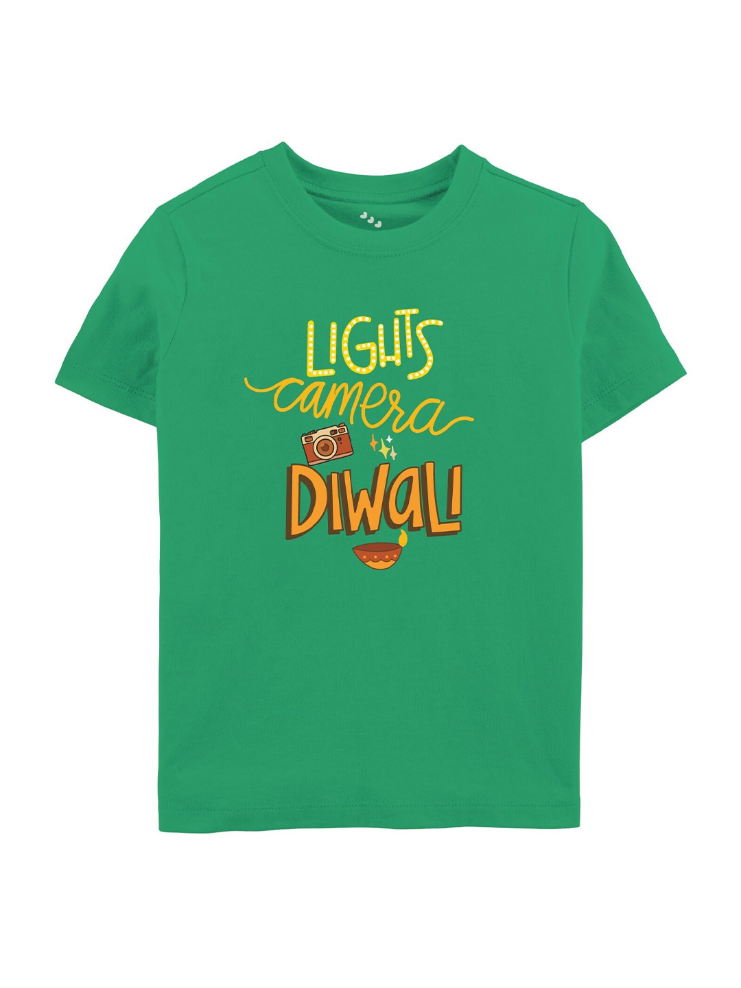 

Zeezeezoo Kids Green Pure Cotton Lights Camera Diwali Printed Tshirt