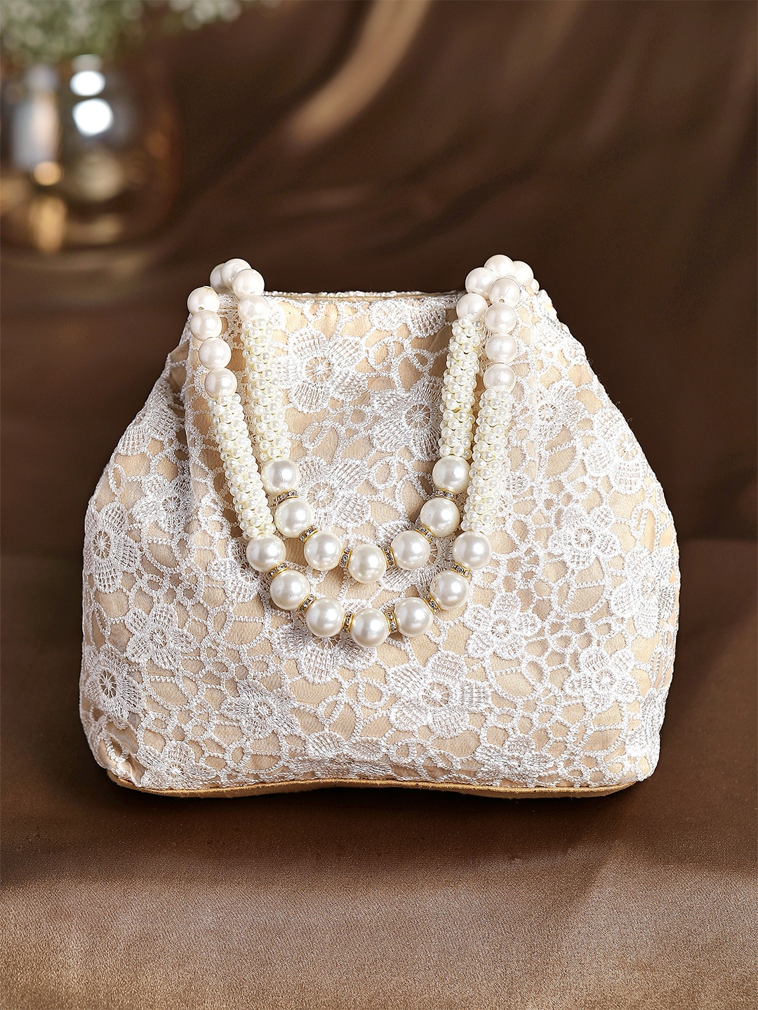 

Rubans Cream-Coloured & White Embroidered Potli Clutch