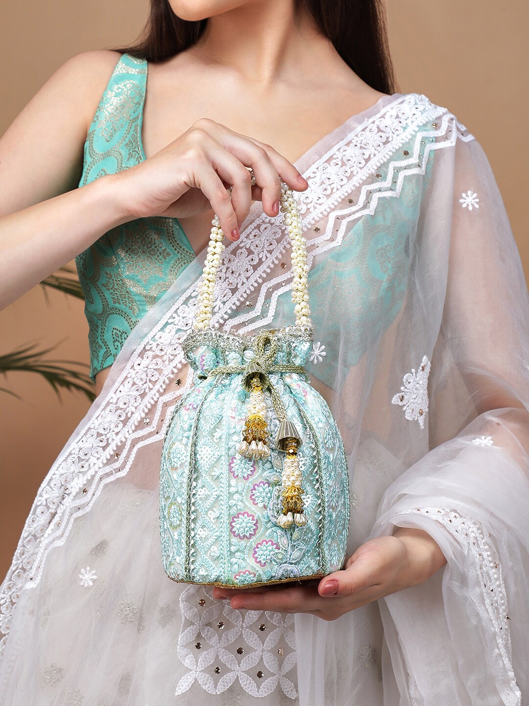 

Rubans Blue & White Embroidered Potli Clutch