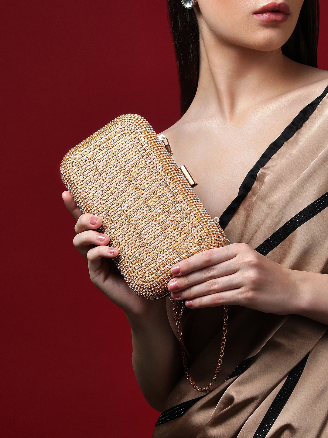 

Rubans Embellished Box Clutch, Gold