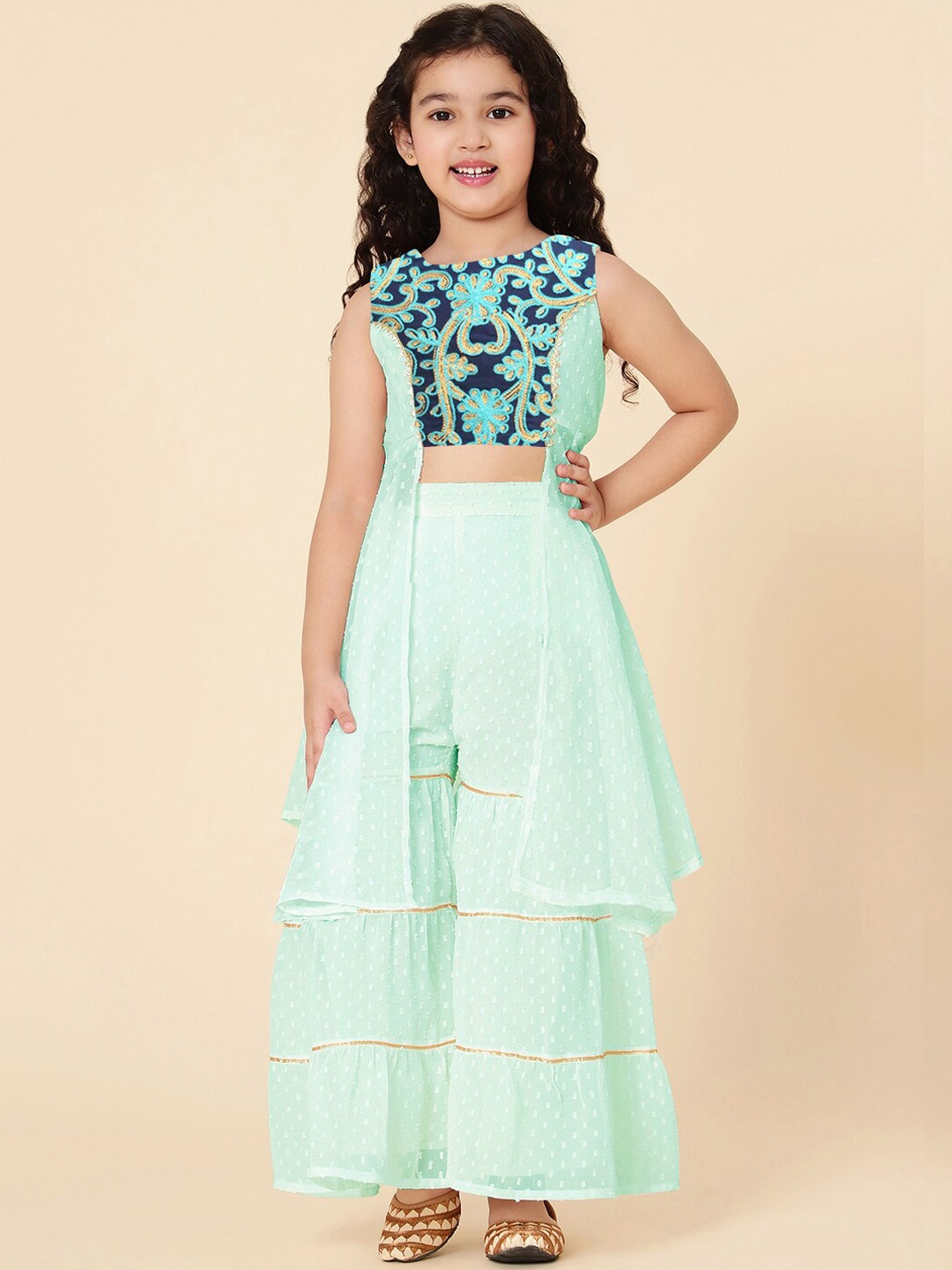 

A T U N Girls Sea Green Floral Embroidered Panelled Top with Palazzos