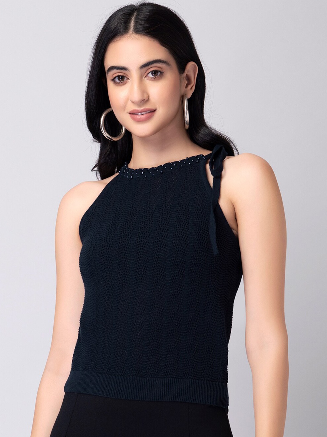 

FabAlley Women Navy Blue Cable Knit Crop Sweater Vest