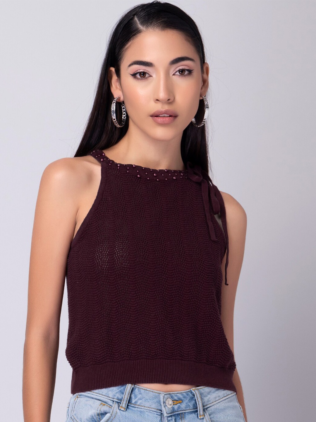 

FabAlley Women Maroon Cable Knit Crop Sweater Vest