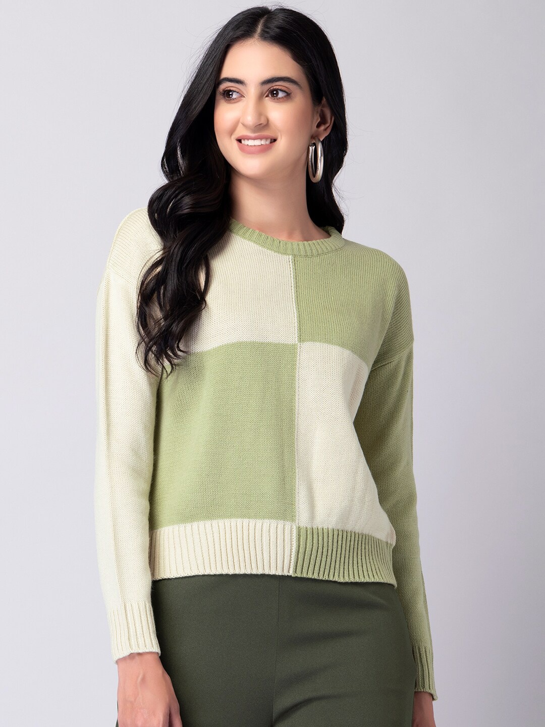 

FabAlley Women Green & White Colourblocked Pullover