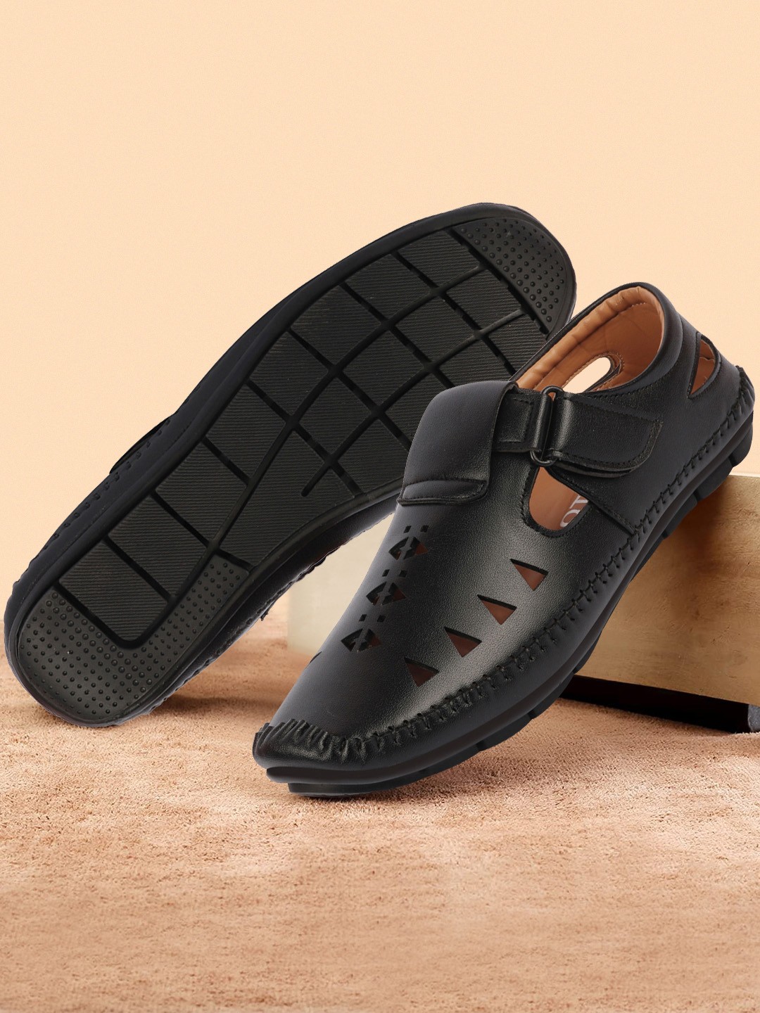 

FAUSTO Men Black & Brown PU Shoe-Style Sandals
