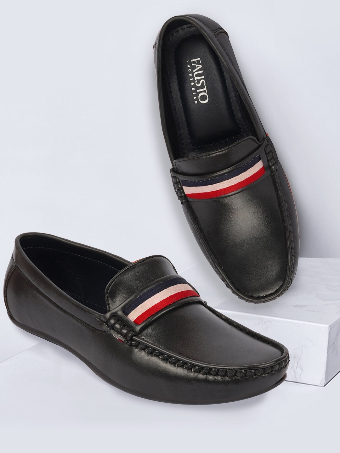 

FAUSTO Men Black Colored Stripe Design PU Loafers