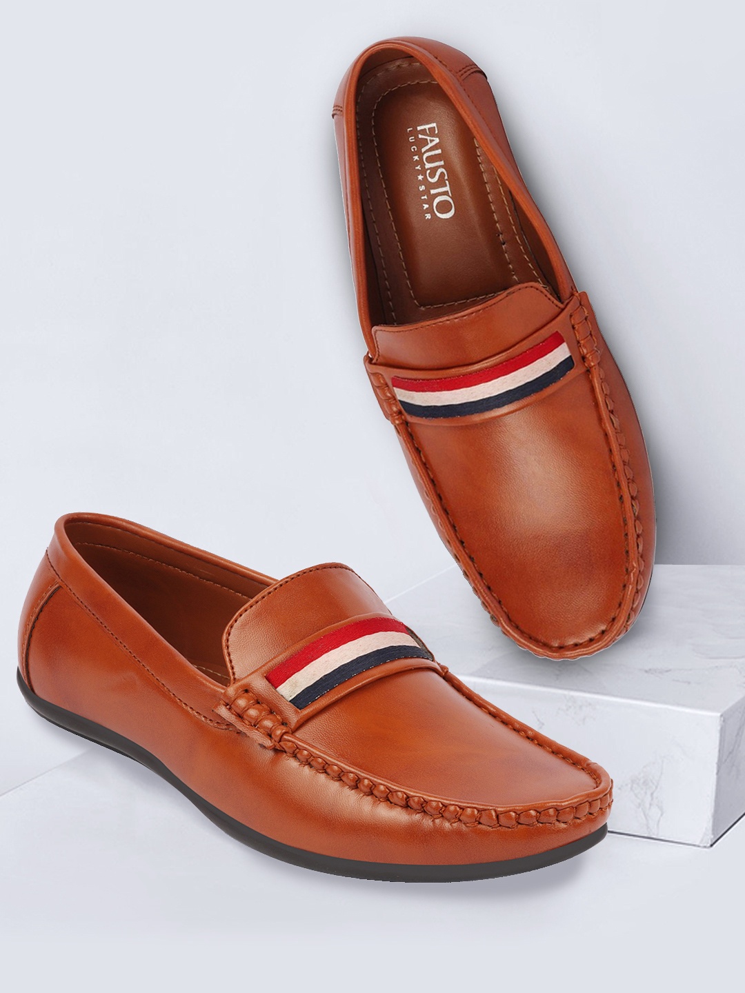 

FAUSTO Men Tan Colored Stripe Design PU Loafers