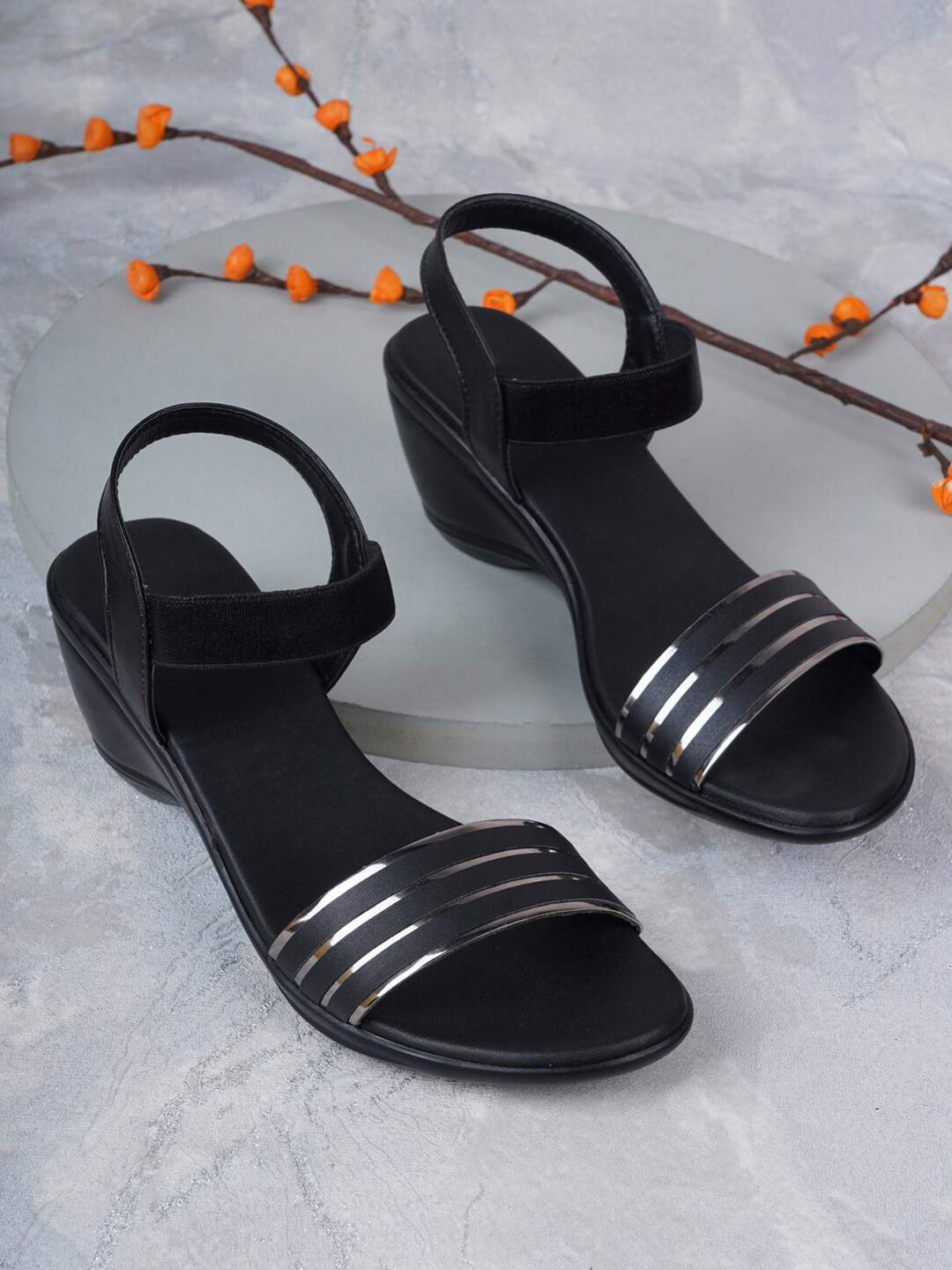 

Style Shoes Women Black & Silver-Toned Striped Wedge Heels