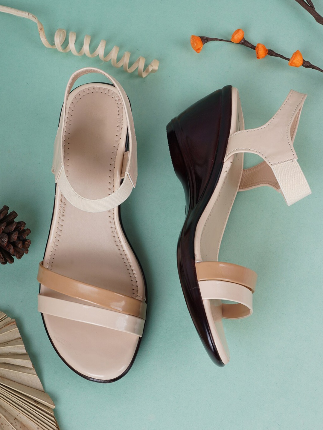 

Style Shoes Beige & Gold-Toned Backstrap Wedge Heels