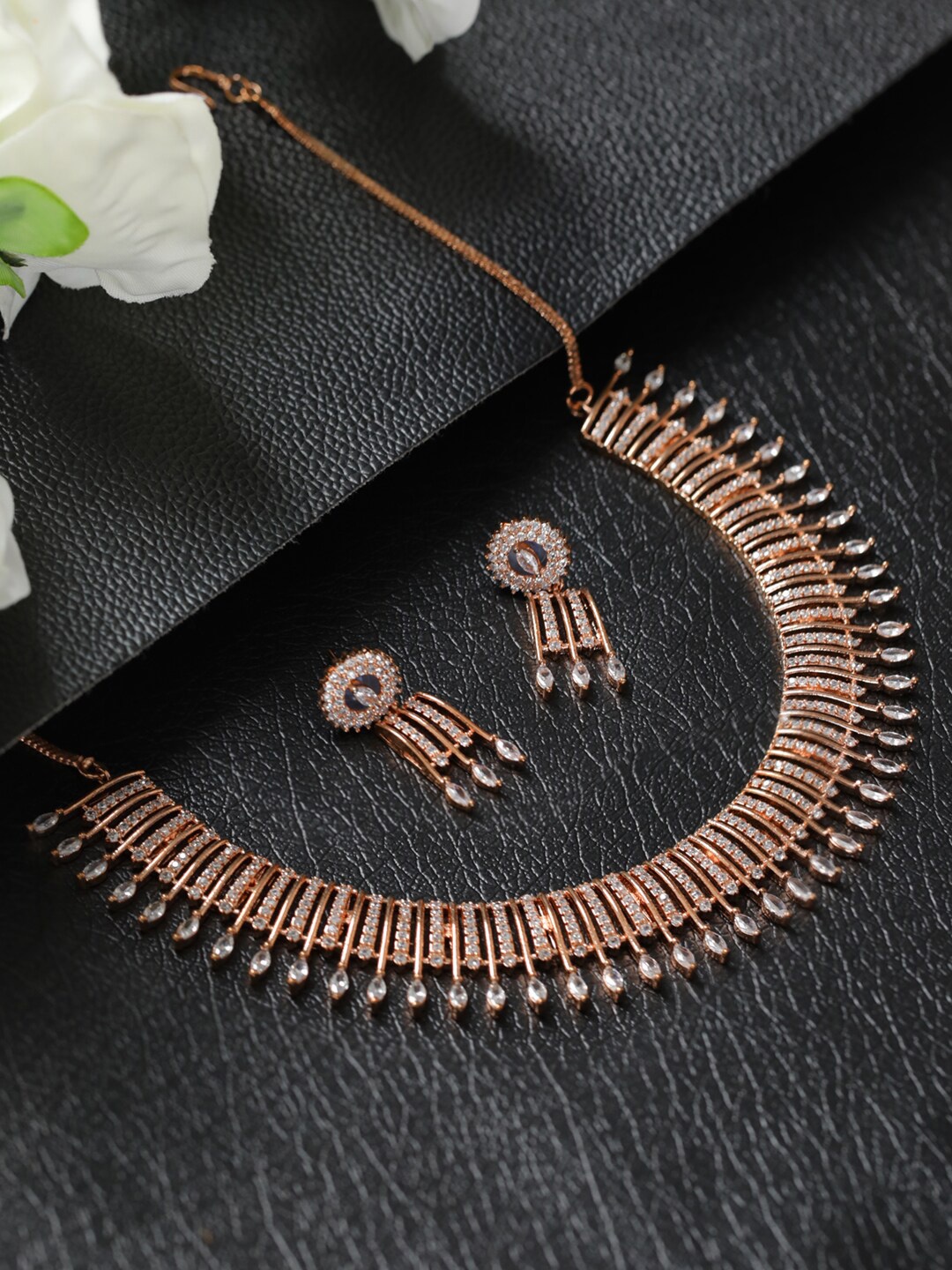 

Jazz and Sizzle Rose Gold-Plated White American Diamond Studded Jewellery Set