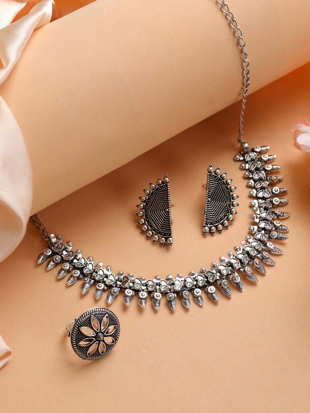 

Jazz and Sizzle Silver-Plated & Silver Toned Stone-Beaded Oxidized Jewellery Set