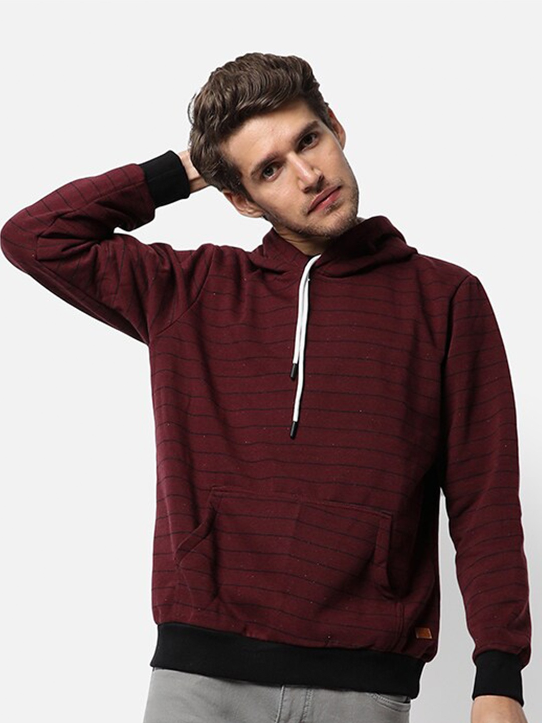 

Campus Sutra Men Maroon Striped Hooded Sweatshirt