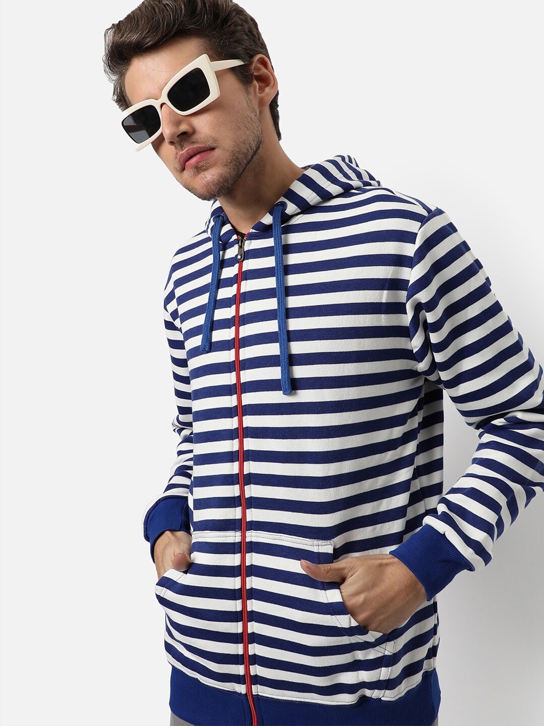 

Campus Sutra Men Blue Striped Hooded Sweatshirt