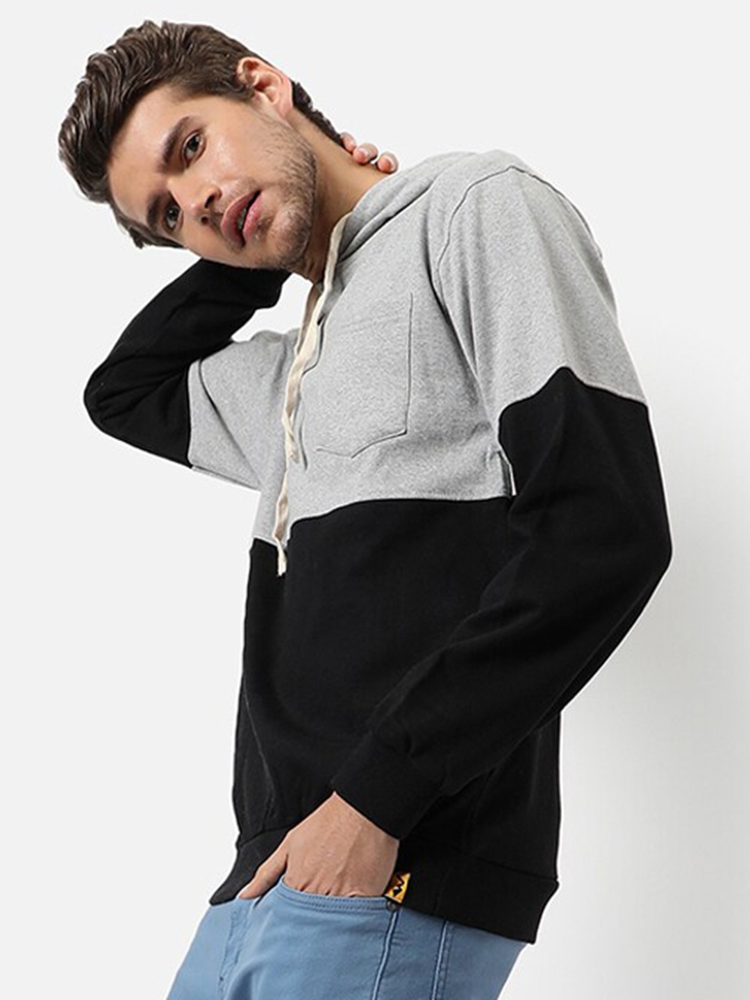 

Campus Sutra Men Black Colourblocked Hooded Sweatshirt
