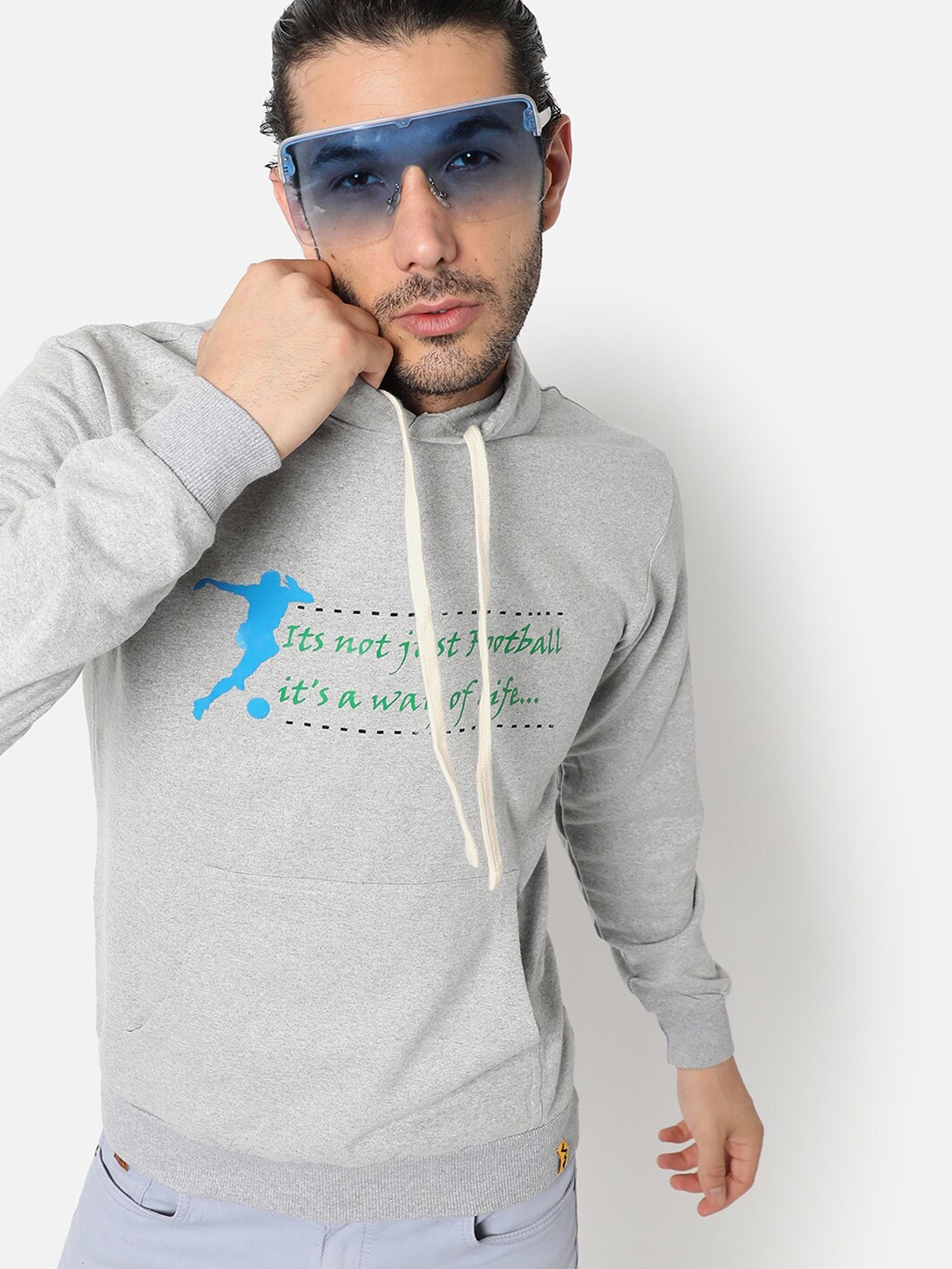 

Campus Sutra Men Grey Printed Hooded Sweatshirt