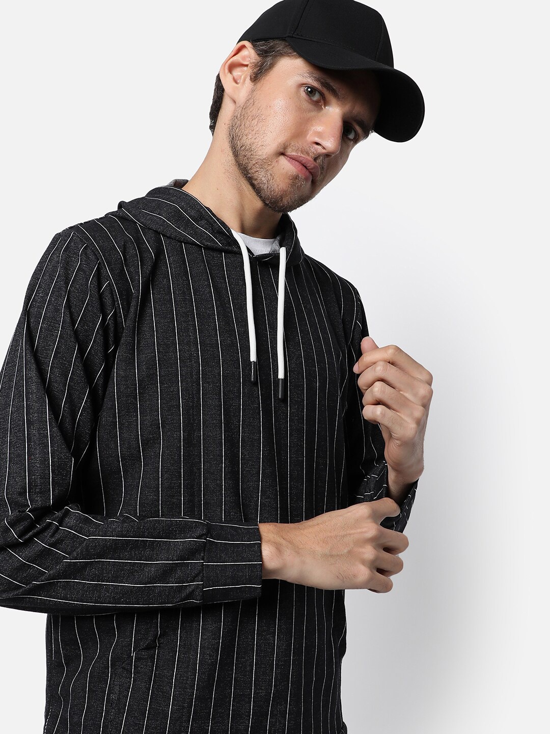 

Campus Sutra Men Charcoal Striped Hooded Sweatshirt