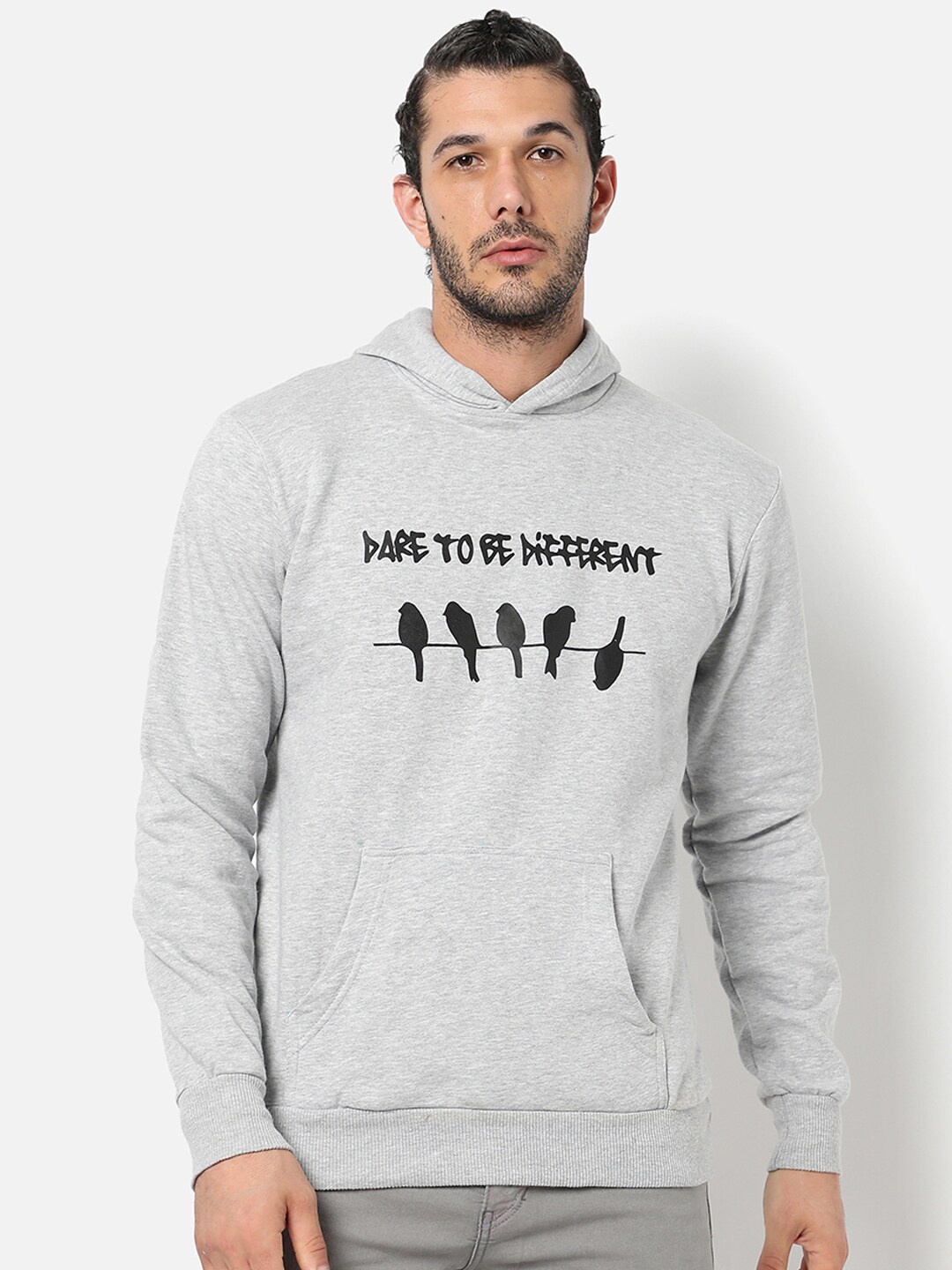 

Campus Sutra Men Grey Printed Hooded Sweatshirt