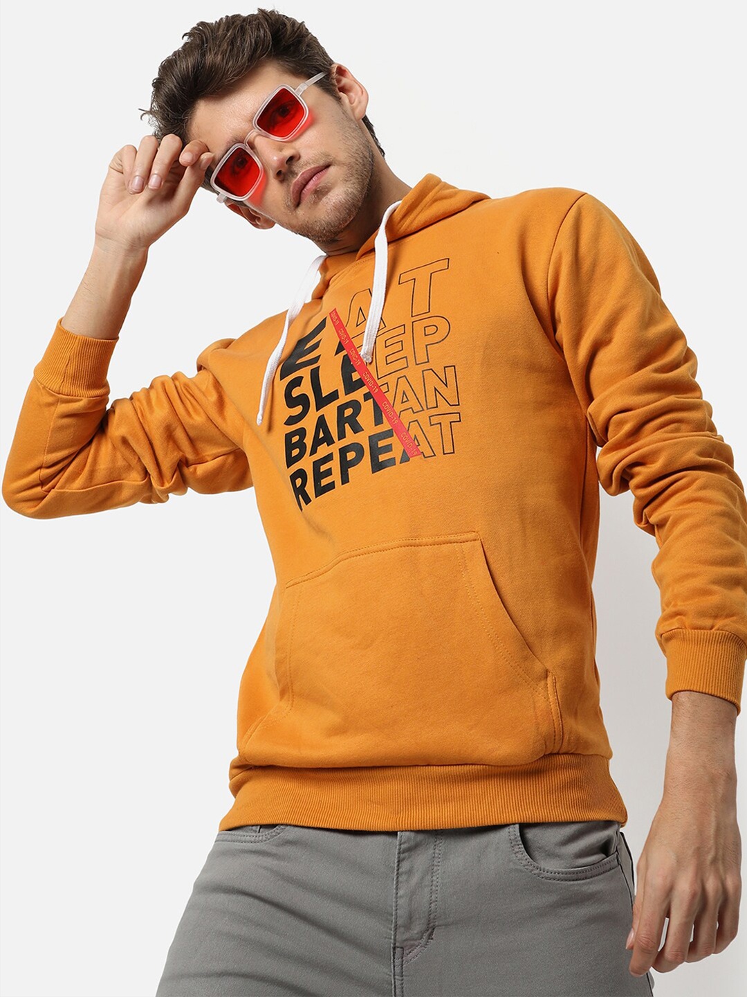 

Campus Sutra Men Mustard Hooded Sweatshirt