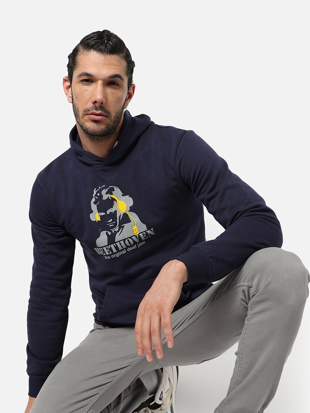 

Campus Sutra Men Blue Printed Hooded Sweatshirt