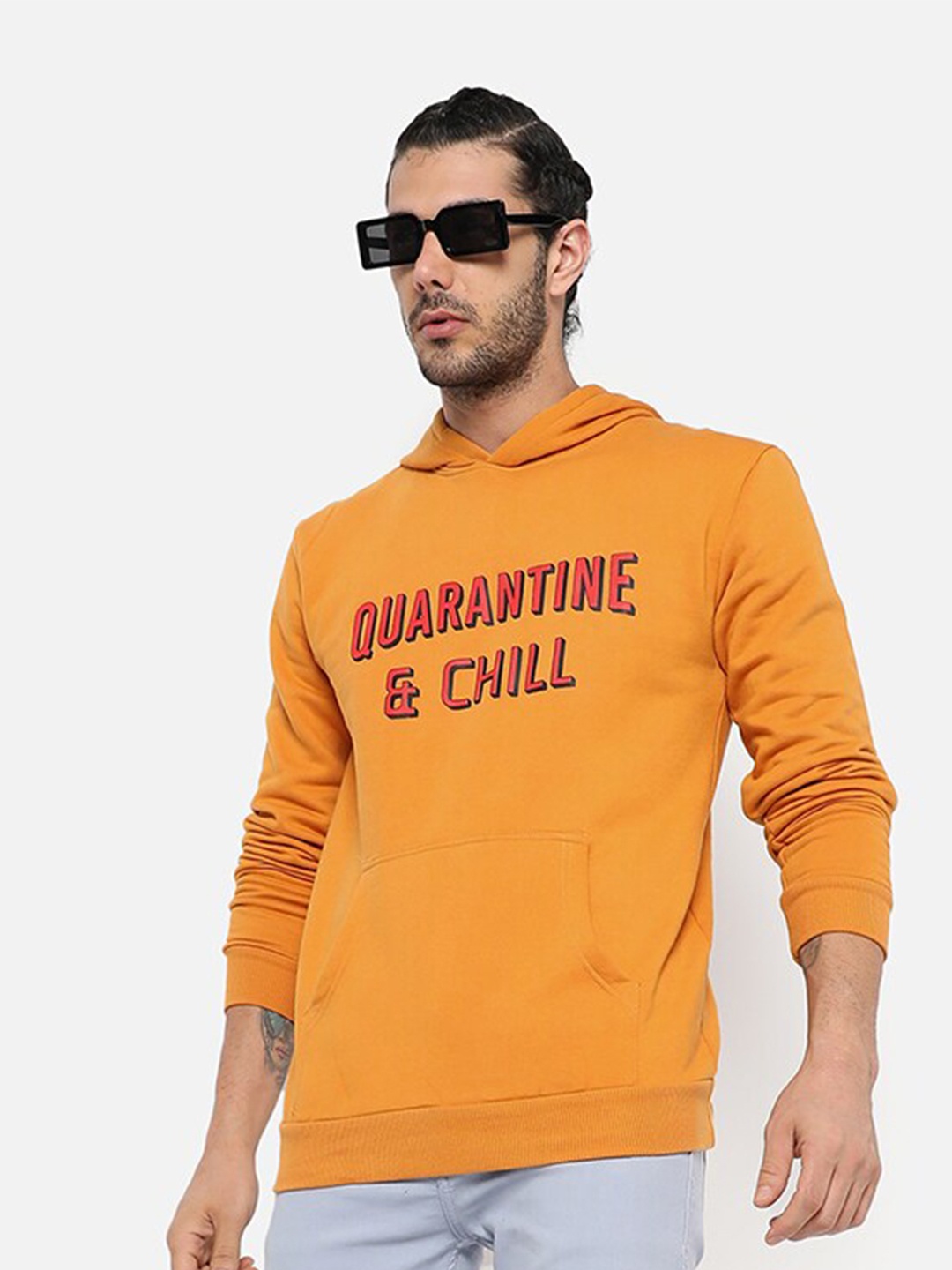 

Campus Sutra Men Mustard Printed Hooded Sweatshirt