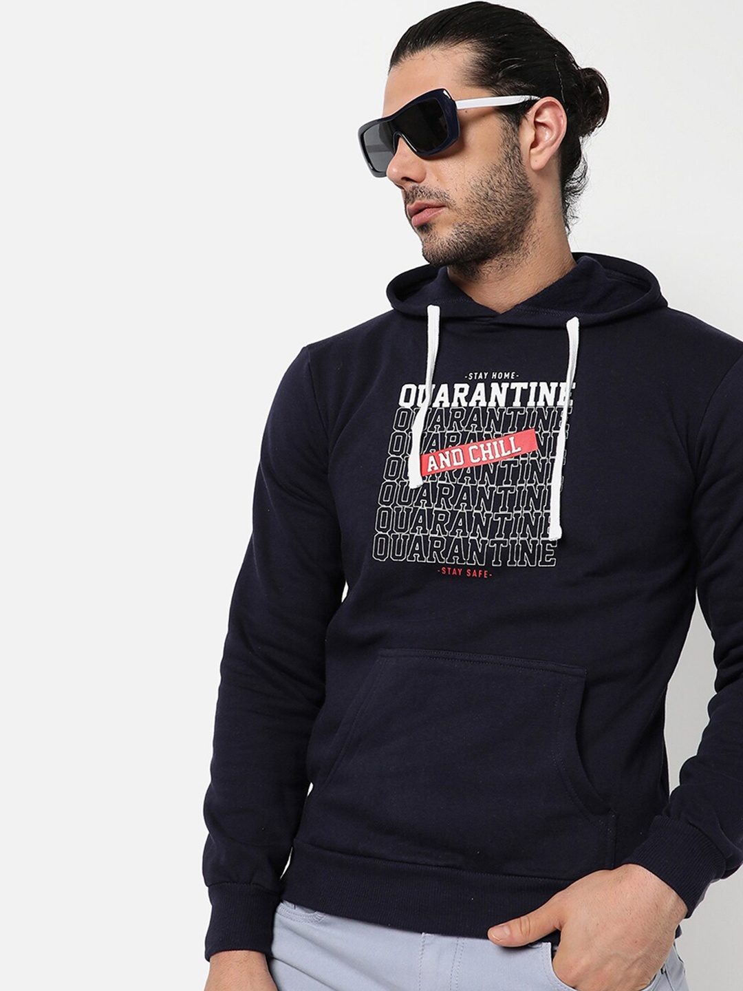 

Campus Sutra Men Blue Printed Hooded Sweatshirt