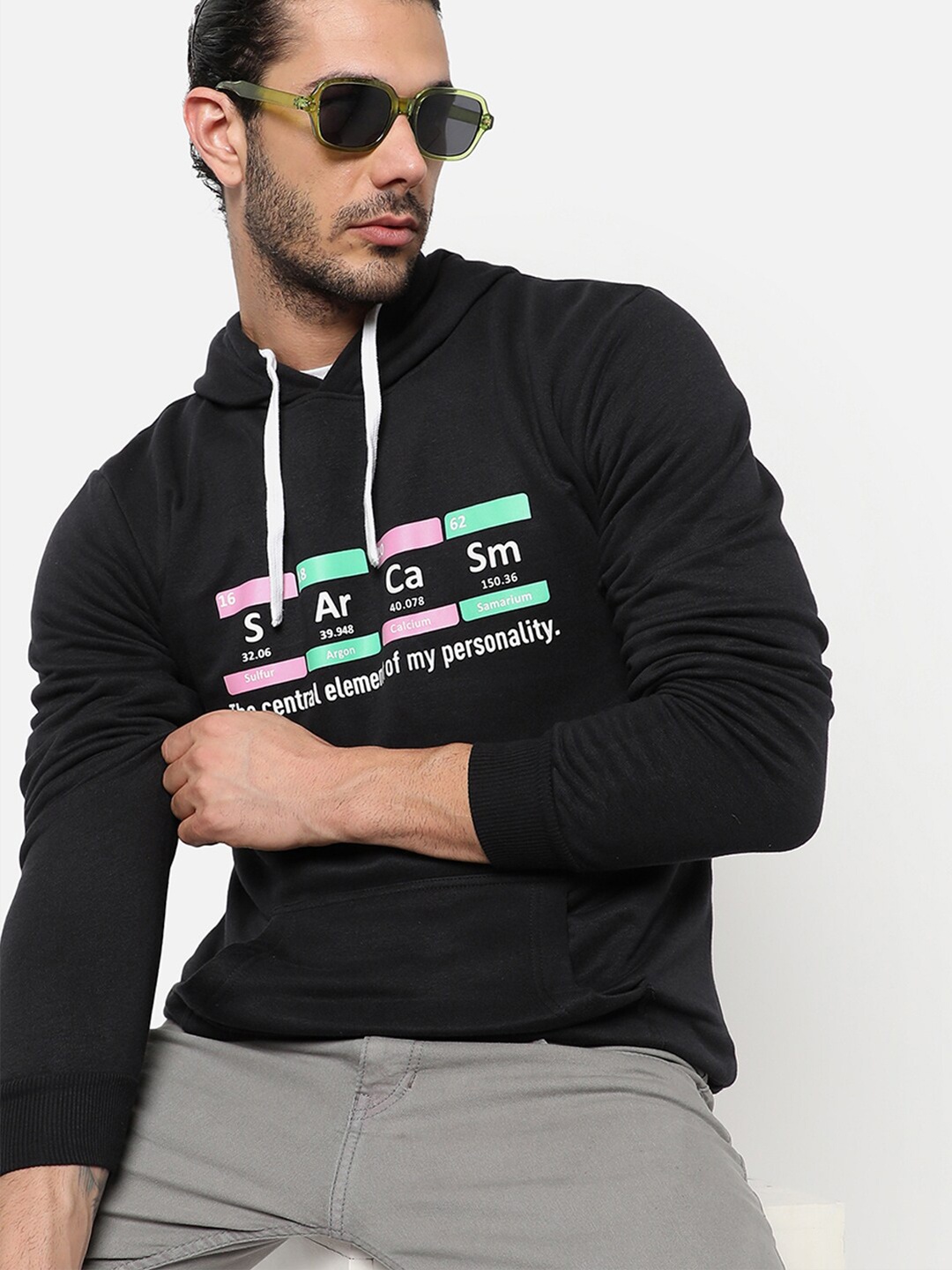 

Campus Sutra Men Black Printed Hooded Sweatshirt