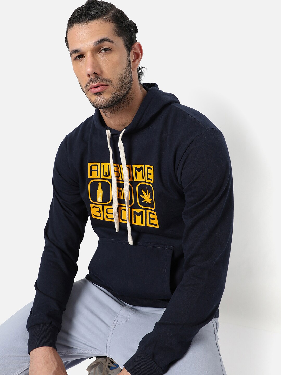 

Campus Sutra Men Blue Printed Hooded Sweatshirt