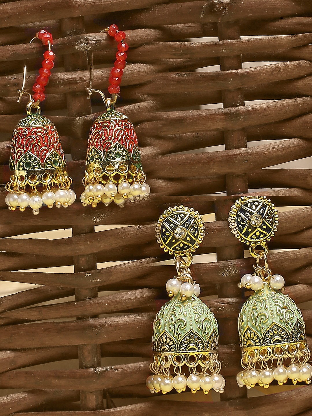 

OOMPH Pack of 2 Red & Green Dome Shaped Jhumkas Earrings