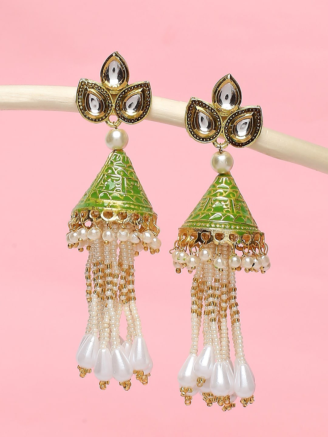 

OOMPH Green & White Dome Shaped Jhumkas Earrings