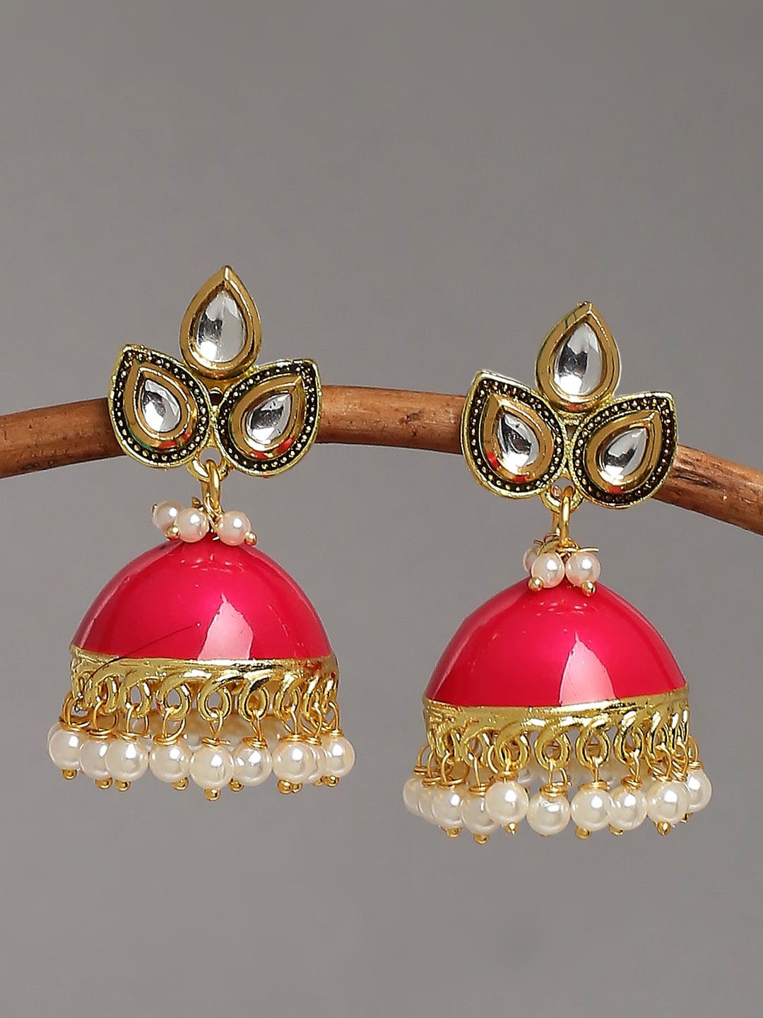 

OOMPH Pink & Gold Dome Shaped Jhumkas Earrings