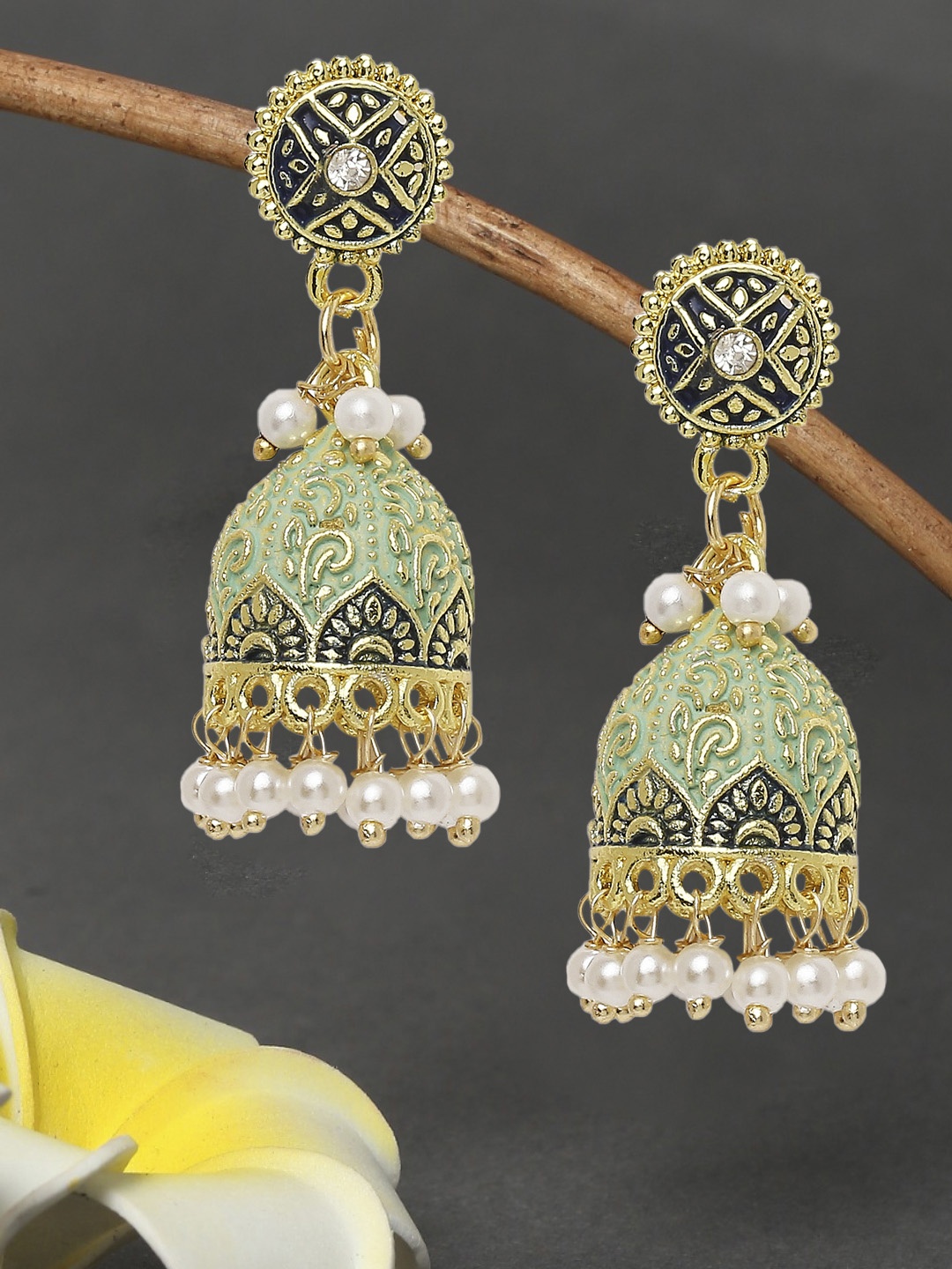 

OOMPH Green & Gold Plated Dome Shaped Jhumkas Earrings