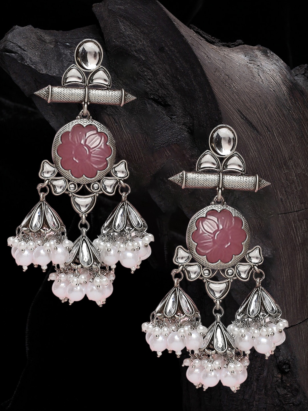 

OOMPH Pink & Silver Plated Contemporary Oxidised Drop Earrings