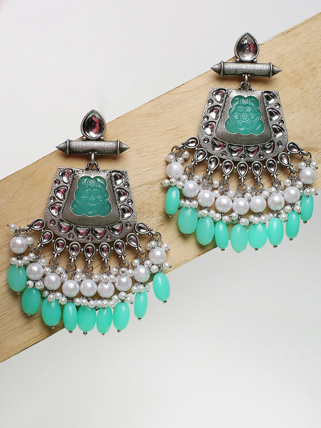 

OOMPH Green & Silver Plated Geometric Oxidised Chandbalis Earrings