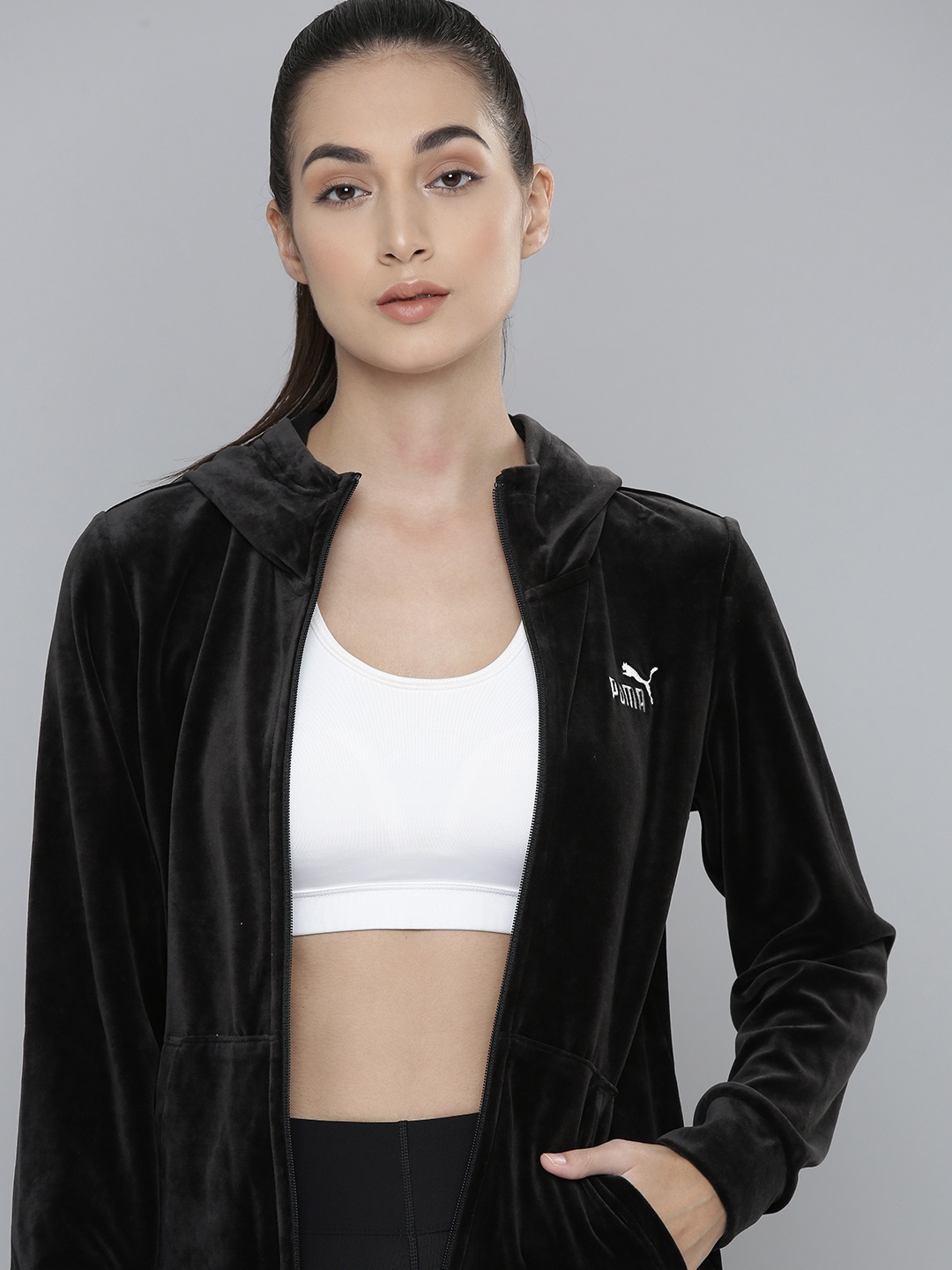 

Puma Women Black Solid Regular Fit Essential+Velour Sporty Jacket