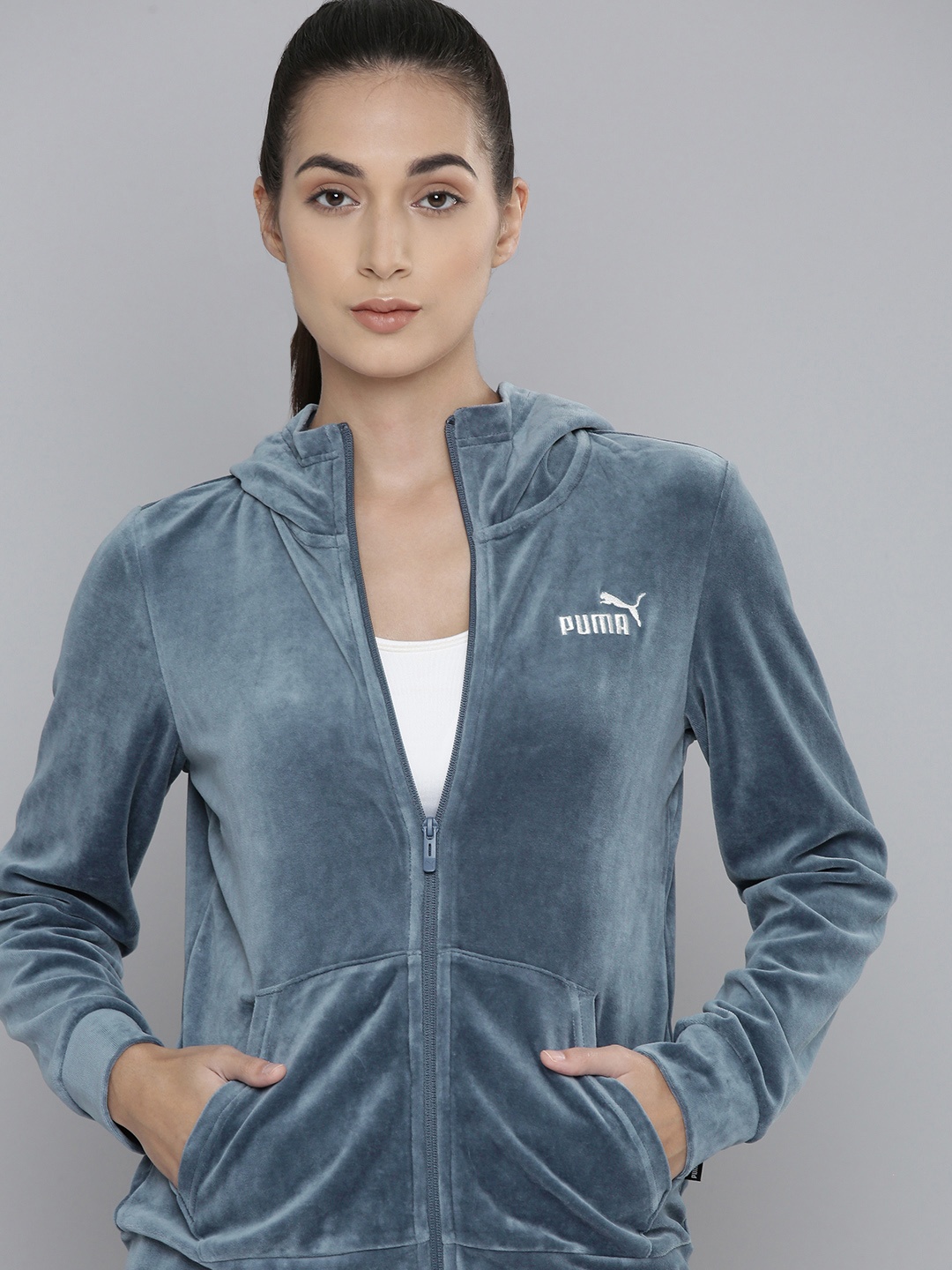 

Puma Women Grey Solid Regular Fit Essential Velour Sporty Jacket