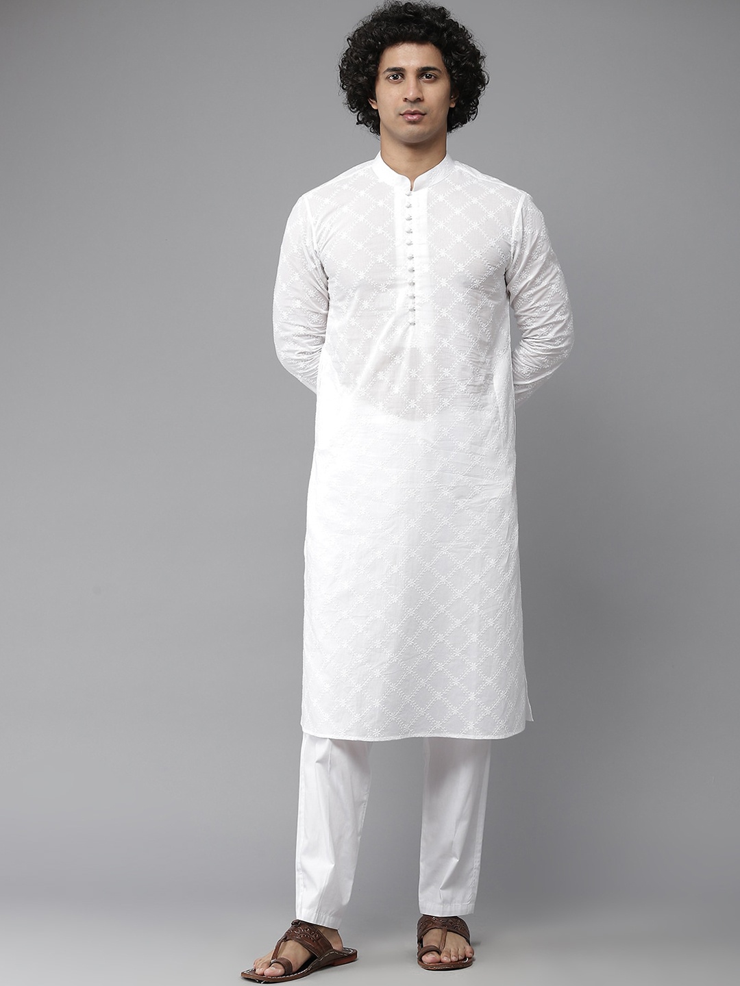 

See Designs Men White Chikankari Embroidered Straight Kurta