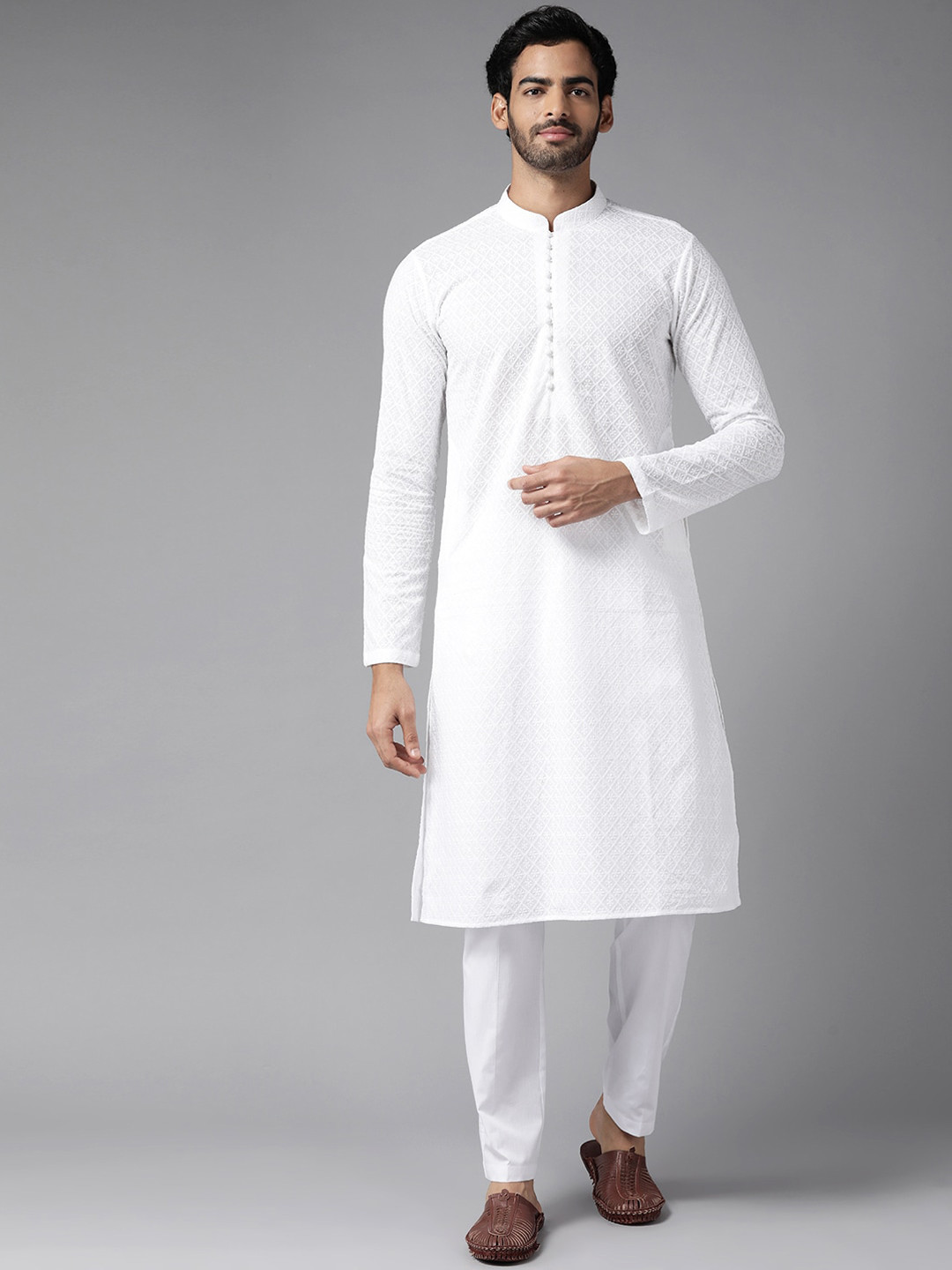 

See Designs Men White Pure Cotton Chikankari Embroidered Straight Kurta