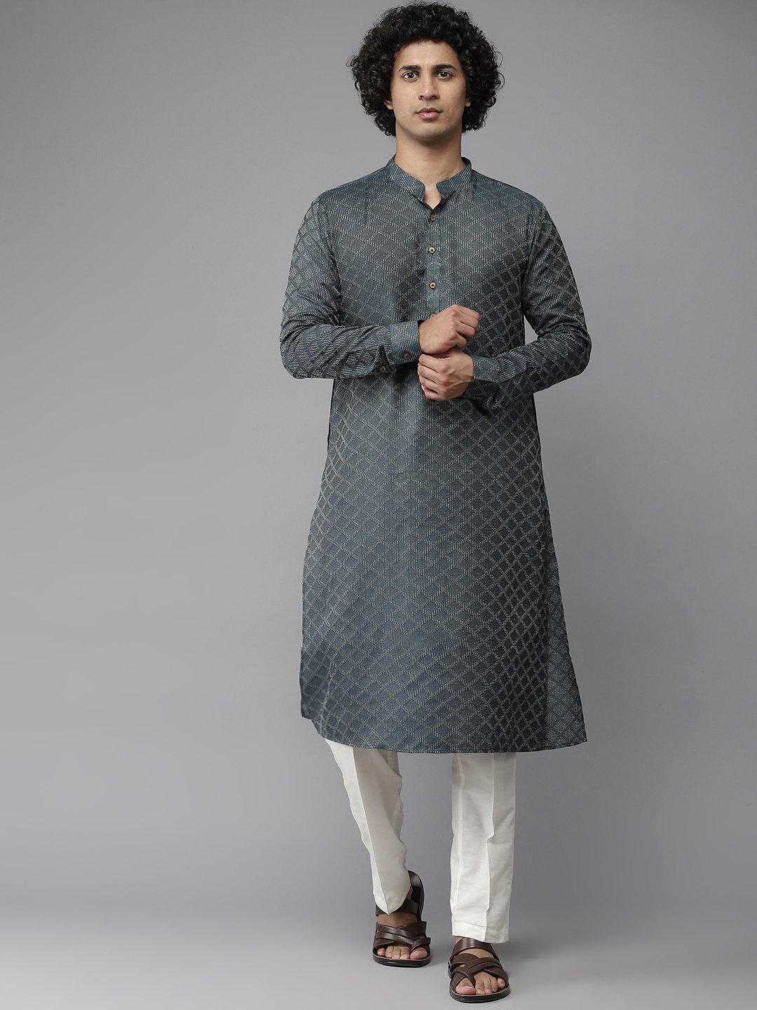 

See Designs Men Green Geometric Checked Pure Cotton Kurta