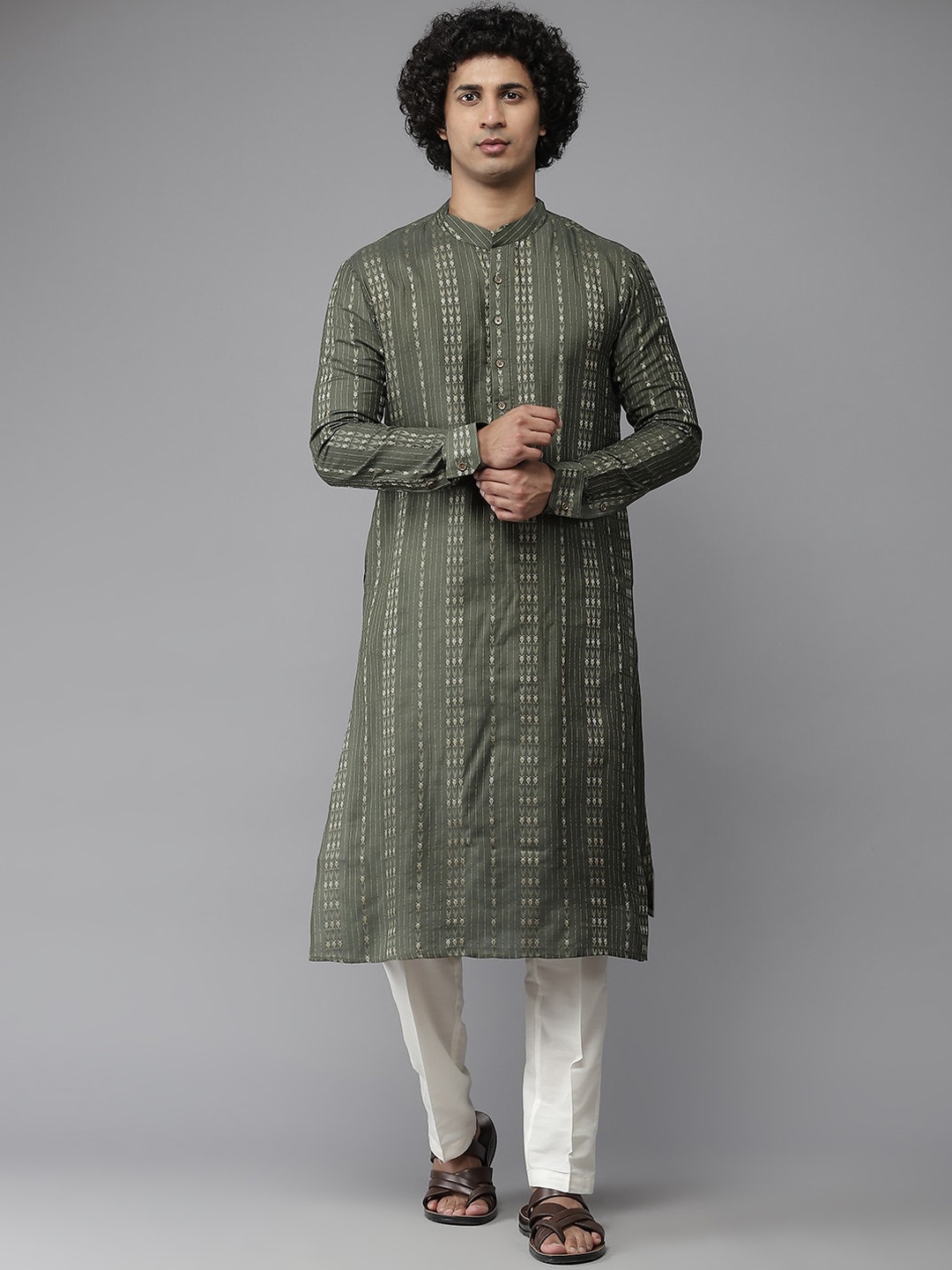 

See Designs Men Green Striped Pure Cotton Kurta