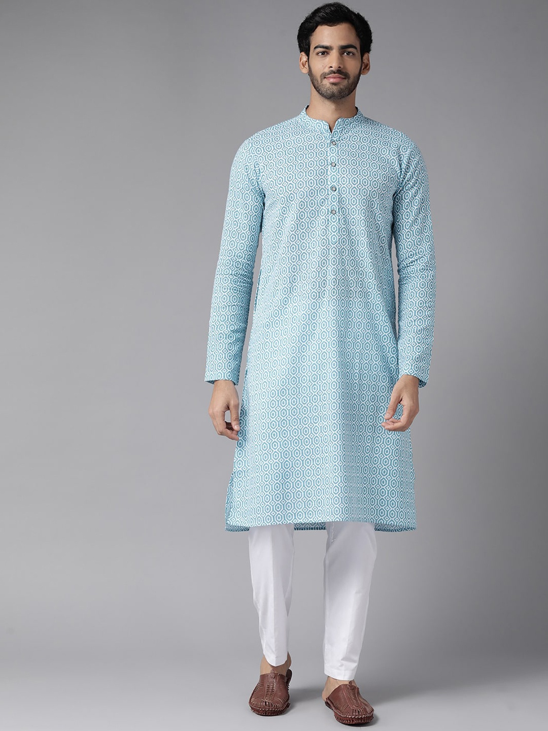 See Designs Men Geometric Printed Pure Cotton Kurta, Blue