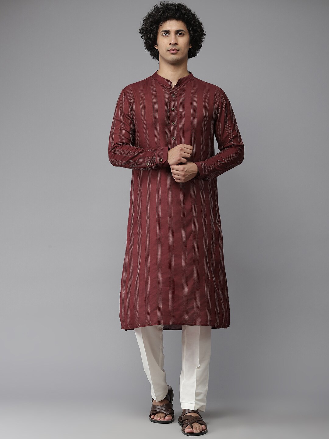 

See Designs Men Maroon Woven Design Cotton Kurta