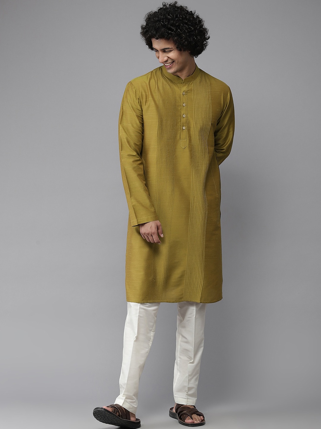 

See Designs Men Mustard Yellow Striped Kurta