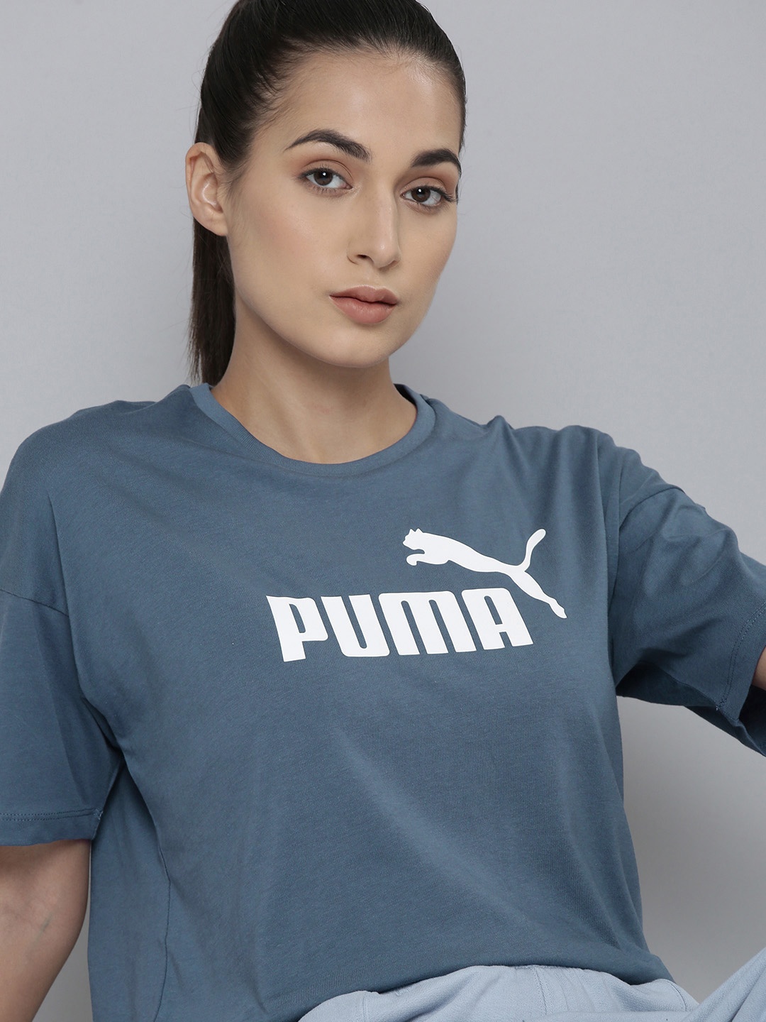 

Puma Women Blue Essentials Brand Logo Print Pure Cotton Relaxed Fit Crop T-shirt