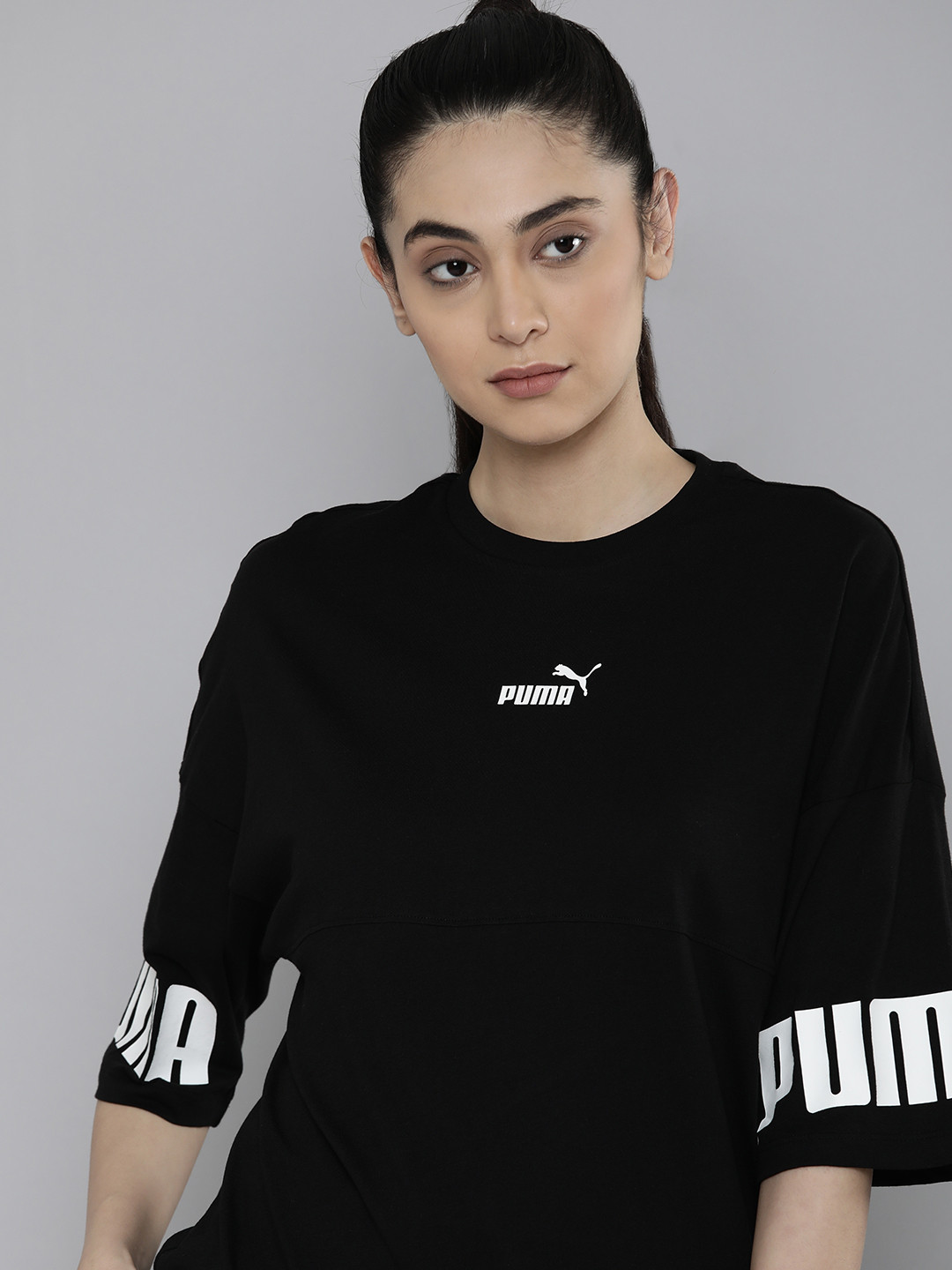 

Puma Extended Sleeves Power Colourblocked Boxy Pure Cotton Oversized Top, Black