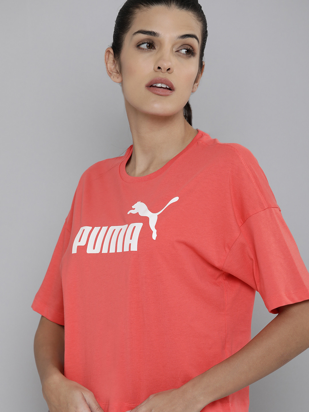 

Puma Women Relaxed Fit Brand Logo Print Extended Sleeves Crop Top, Pink