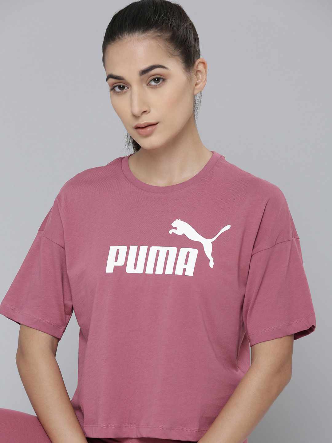 

Puma Women Mauve Pink Essentials Brand Logo Print Pure Cotton Relaxed Fit Crop T-shirt